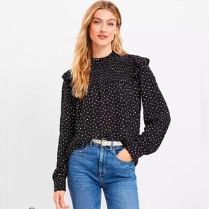 Loft -Dotted Smocked Ruffle Mock Neck Blouse